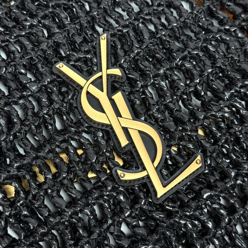 SAINT LAURENT TOTE BAG 40 IN BLACK RAFFIA GOLD LOGO