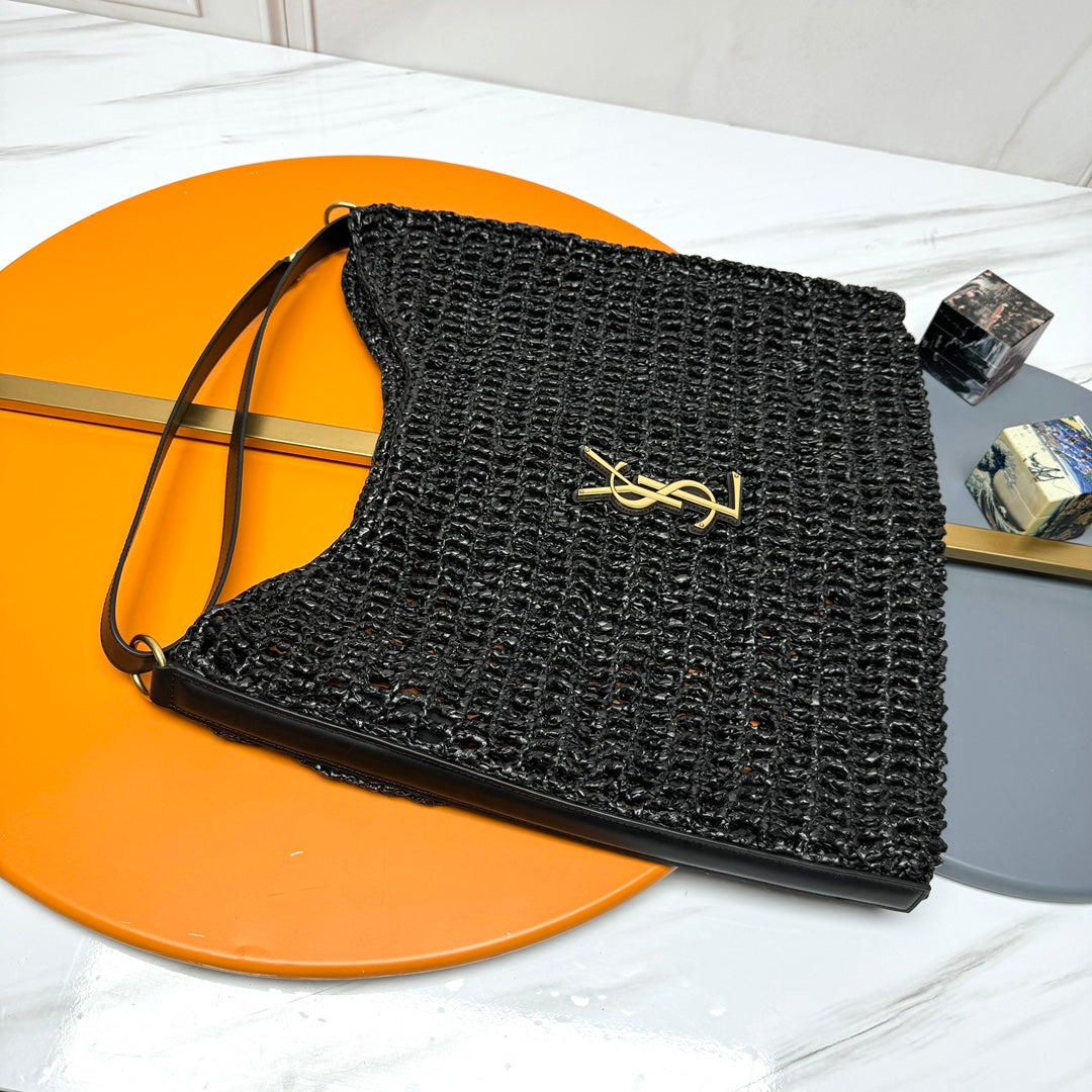 SAINT LAURENT TOTE BAG 40 IN BLACK RAFFIA GOLD LOGO