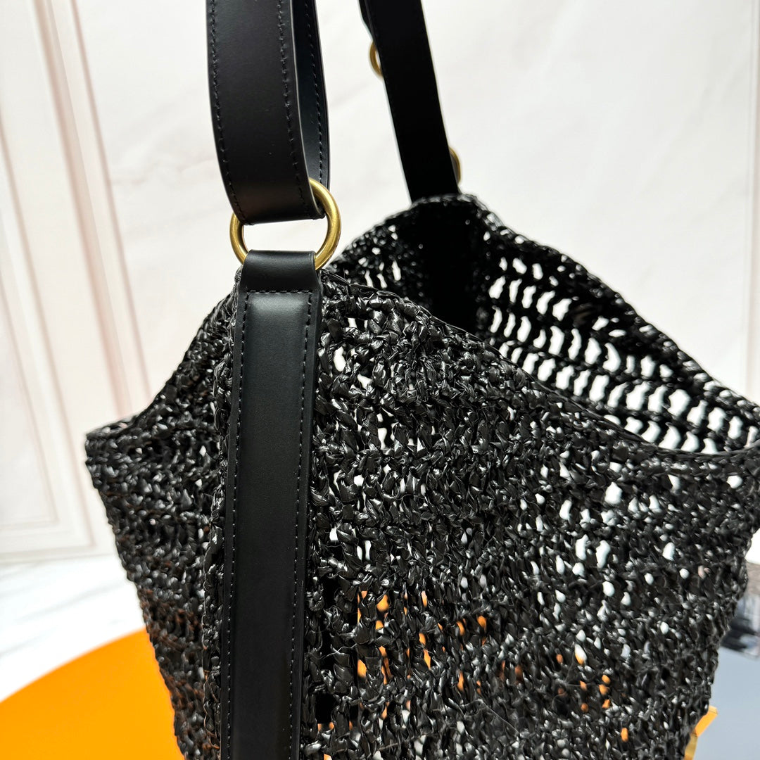 SAINT LAURENT TOTE BAG 40 IN BLACK RAFFIA GOLD LOGO