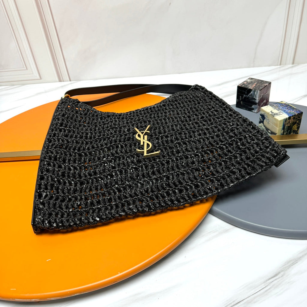 SAINT LAURENT TOTE BAG 40 IN BLACK RAFFIA GOLD LOGO