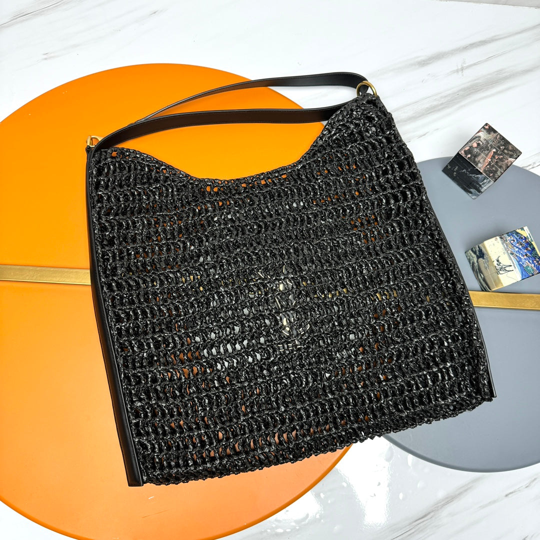 SAINT LAURENT TOTE BAG 40 IN BLACK RAFFIA GOLD LOGO