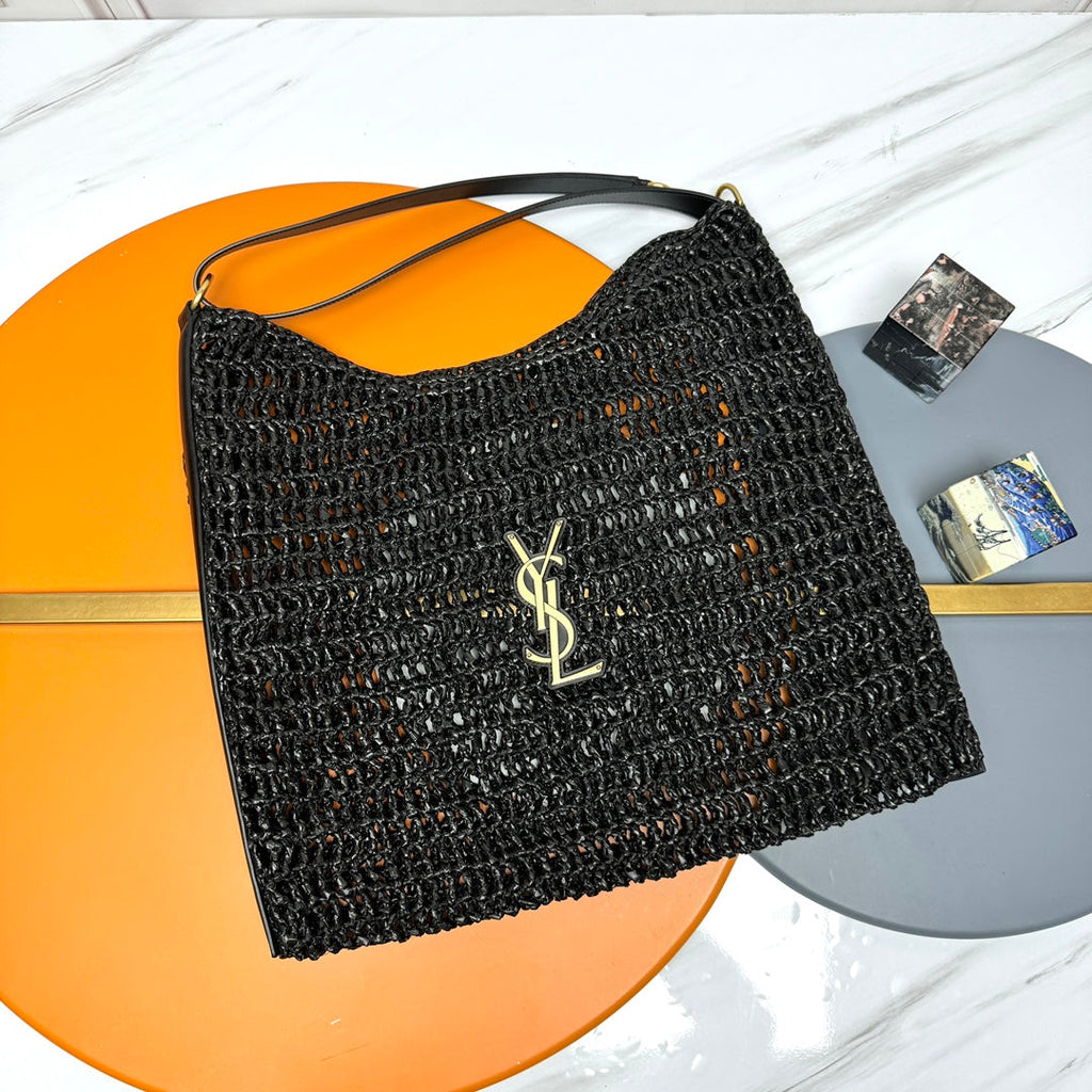 SAINT LAURENT TOTE BAG 40 IN BLACK RAFFIA GOLD LOGO