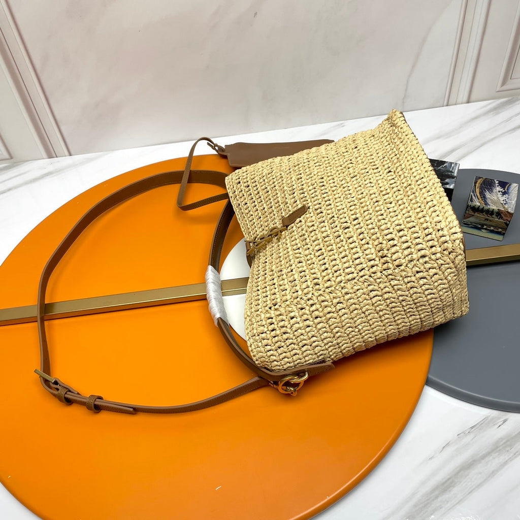 SAINT LAURENT LE 37 MEDIUM 25 IN LIGHT YELLOW STRAW AND BROWN LEATHER TRIM