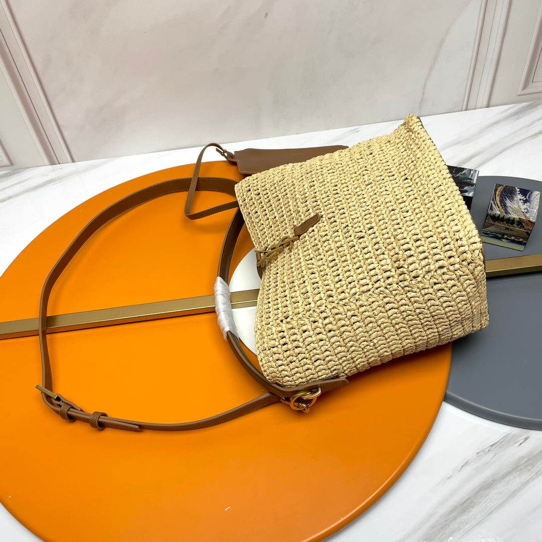 SAINT LAURENT LE 37 MEDIUM 25 IN LIGHT YELLOW STRAW AND BROWN LEATHER TRIM