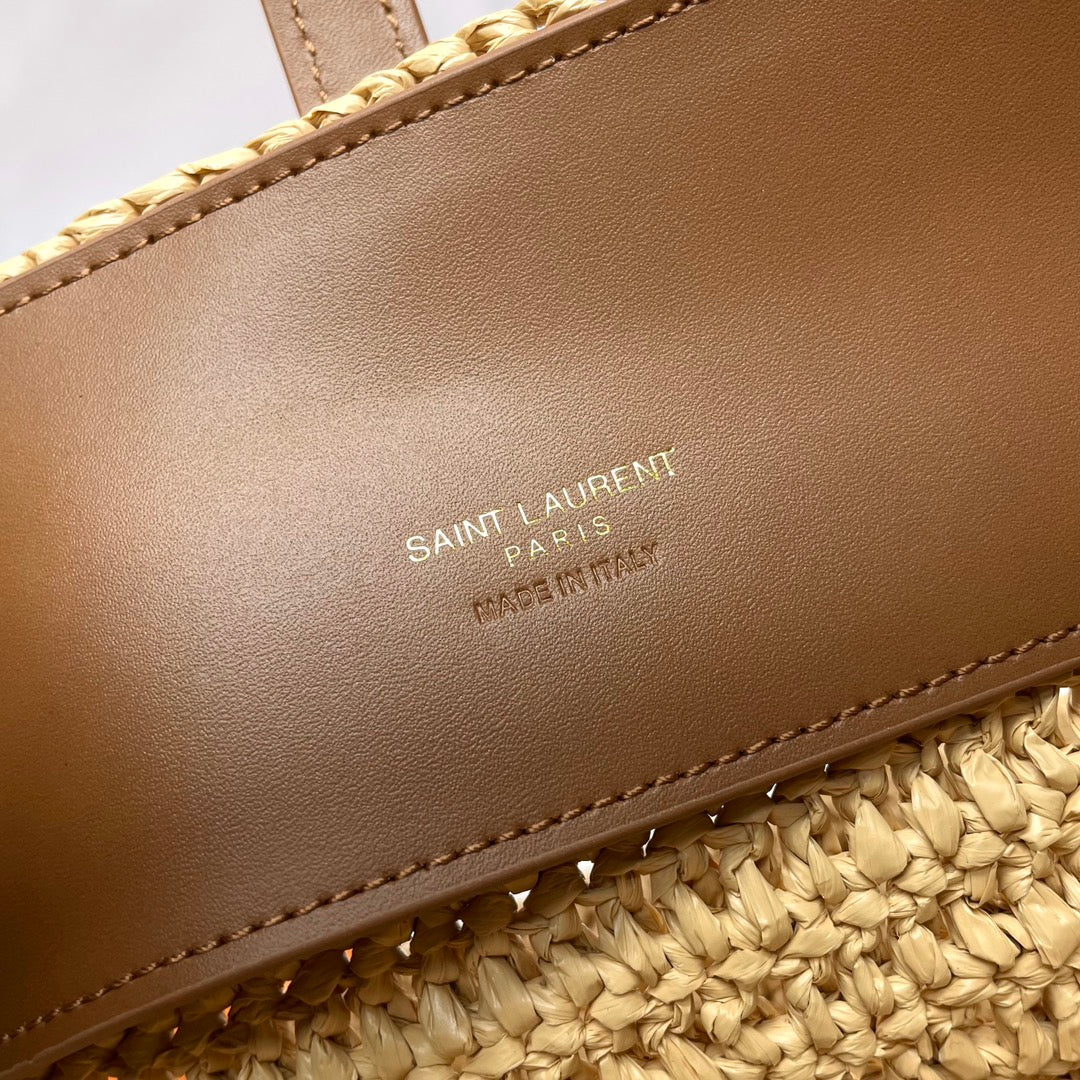 SAINT LAURENT LE 37 MEDIUM 25 IN LIGHT YELLOW STRAW AND BROWN LEATHER TRIM