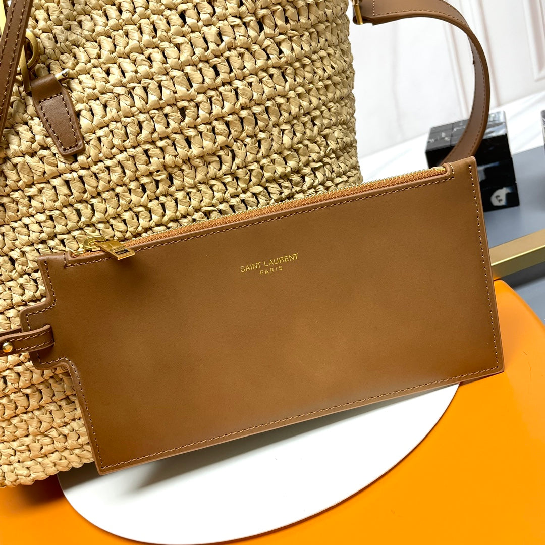 SAINT LAURENT LE 37 MEDIUM 25 IN LIGHT YELLOW STRAW AND BROWN LEATHER TRIM