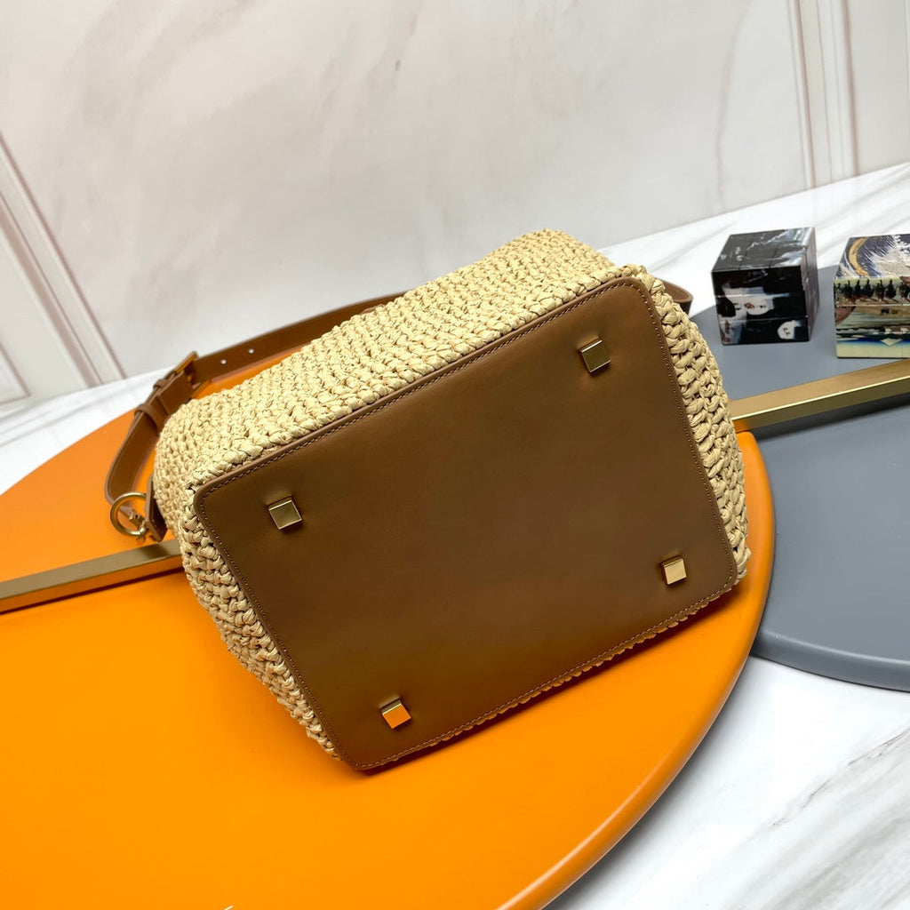 SAINT LAURENT LE 37 MEDIUM 25 IN LIGHT YELLOW STRAW AND BROWN LEATHER TRIM