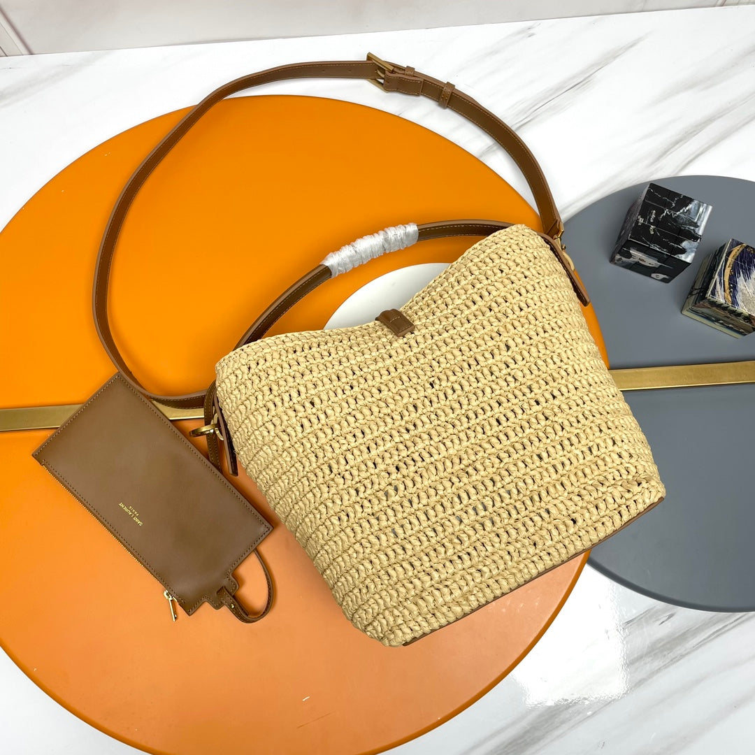 SAINT LAURENT LE 37 MEDIUM 25 IN LIGHT YELLOW STRAW AND BROWN LEATHER TRIM