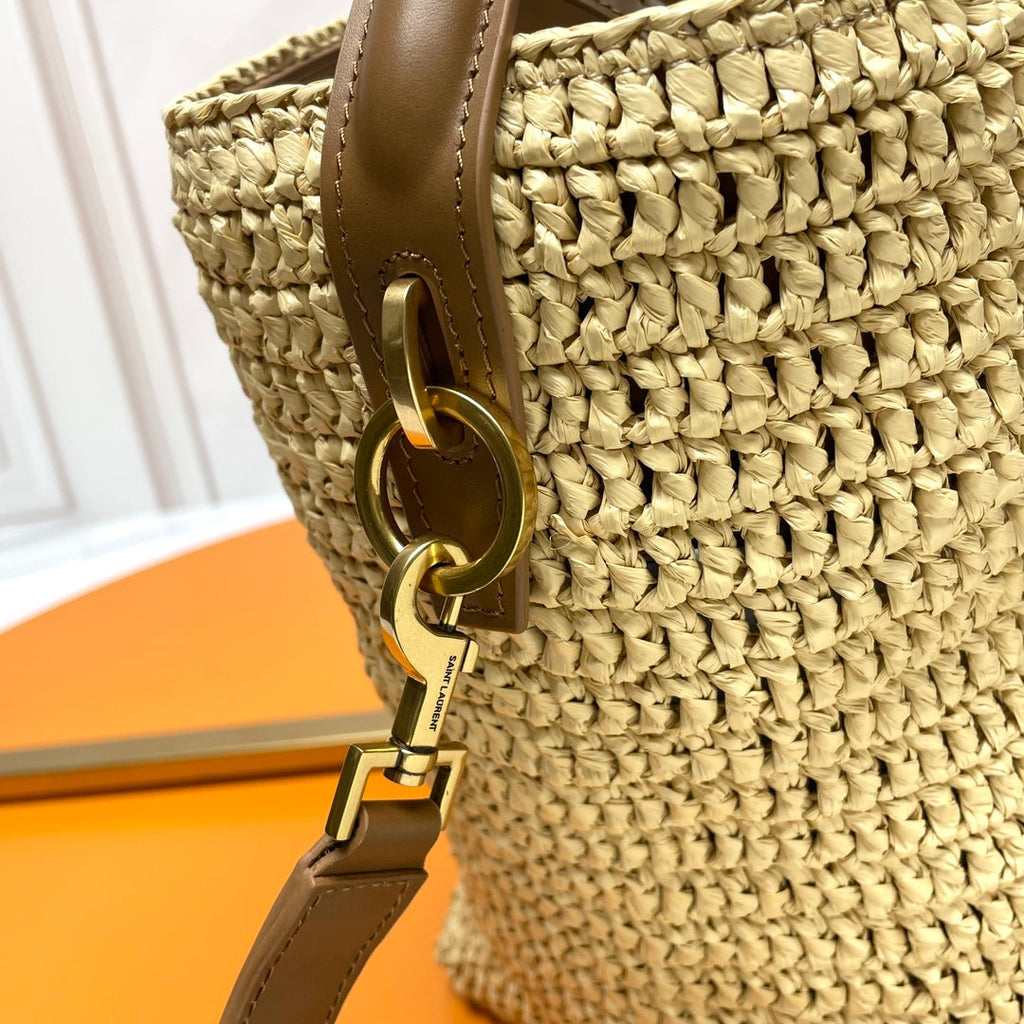 SAINT LAURENT LE 37 MEDIUM 25 IN LIGHT YELLOW STRAW AND BROWN LEATHER TRIM