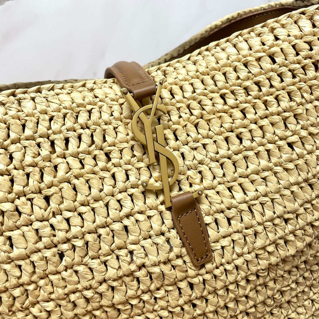 SAINT LAURENT LE 37 MEDIUM 25 IN LIGHT YELLOW STRAW AND BROWN LEATHER TRIM