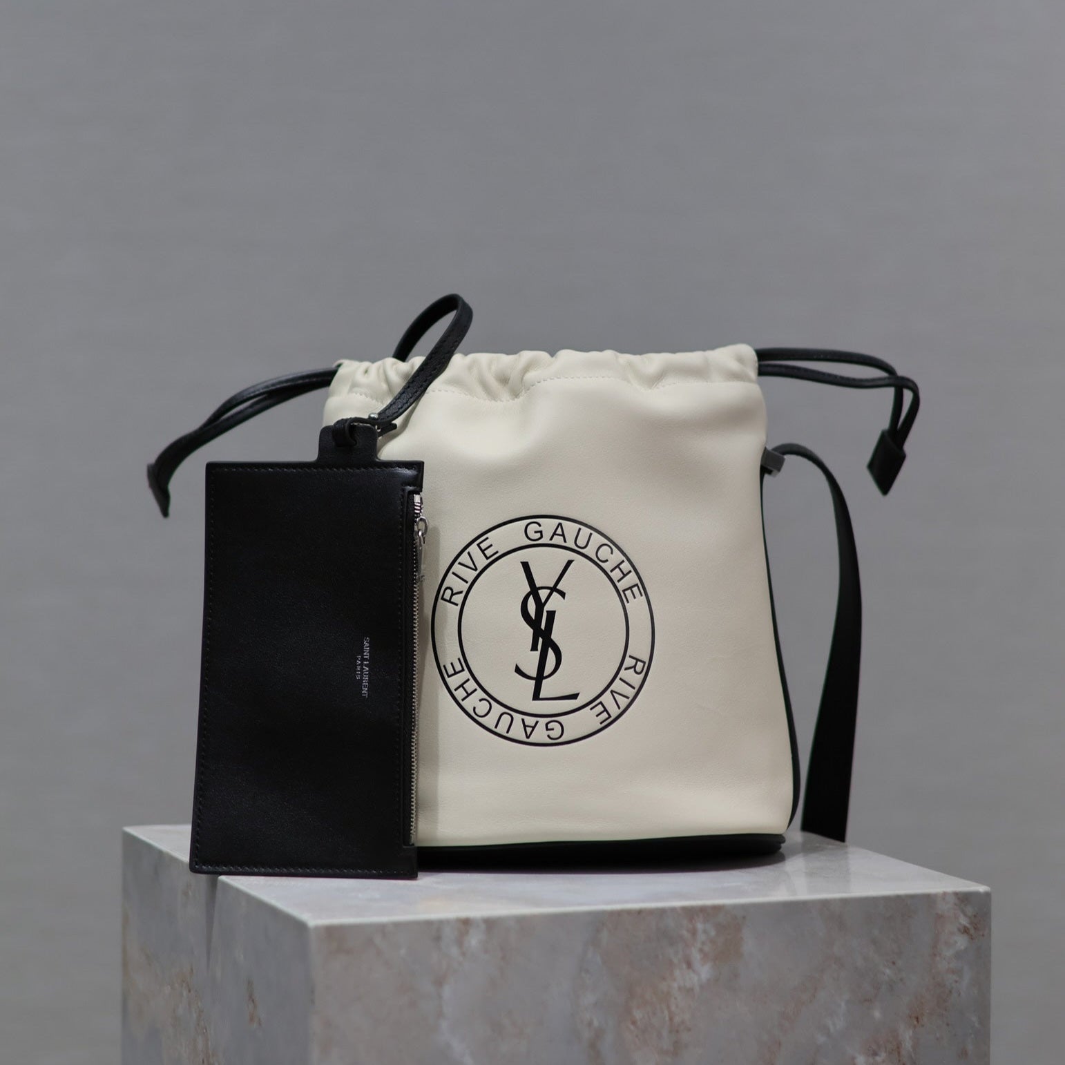SAINT LAURENT RIVE GAUCHE BUCKET BAG 23 IN WHITE CALFSKIN