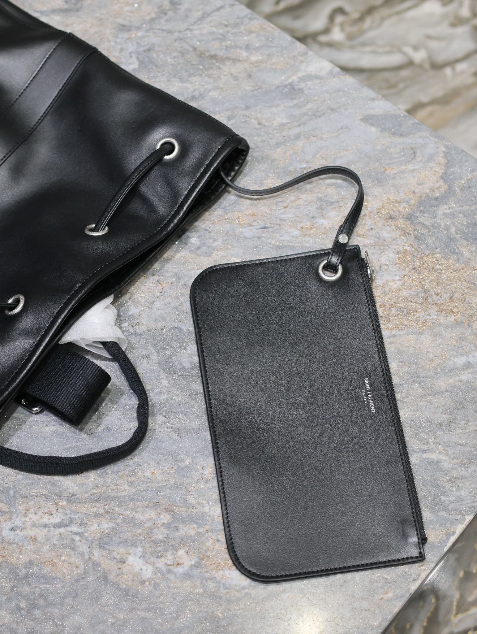 SAINT LAURENT RIVE GAUCHE BACKPACK 49 IN BLACK CALFSKIN