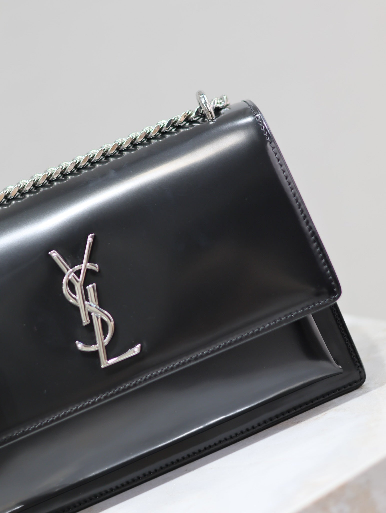 SAINT LAURENT YSL 25S SUNSET MEDIUM 22 IN BLACK SHINY CALFSKIN SILVER HARDWARE