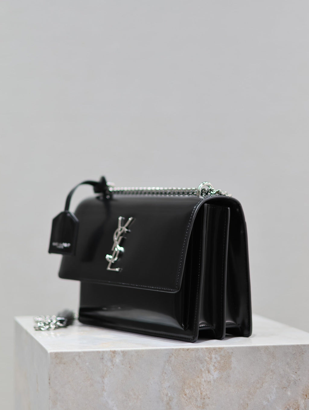 SAINT LAURENT YSL 25S SUNSET MEDIUM 22 IN BLACK SHINY CALFSKIN SILVER HARDWRE