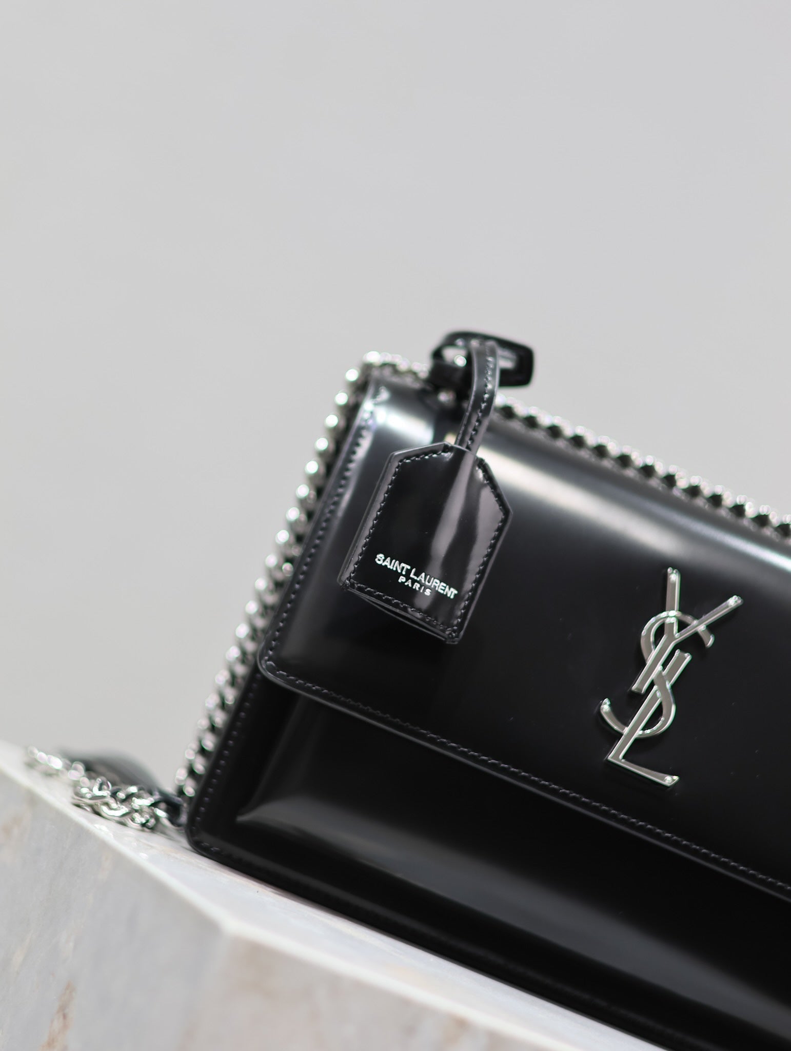 SAINT LAURENT YSL 25S SUNSET MEDIUM 22 IN BLACK SHINY CALFSKIN SILVER HARDWRE