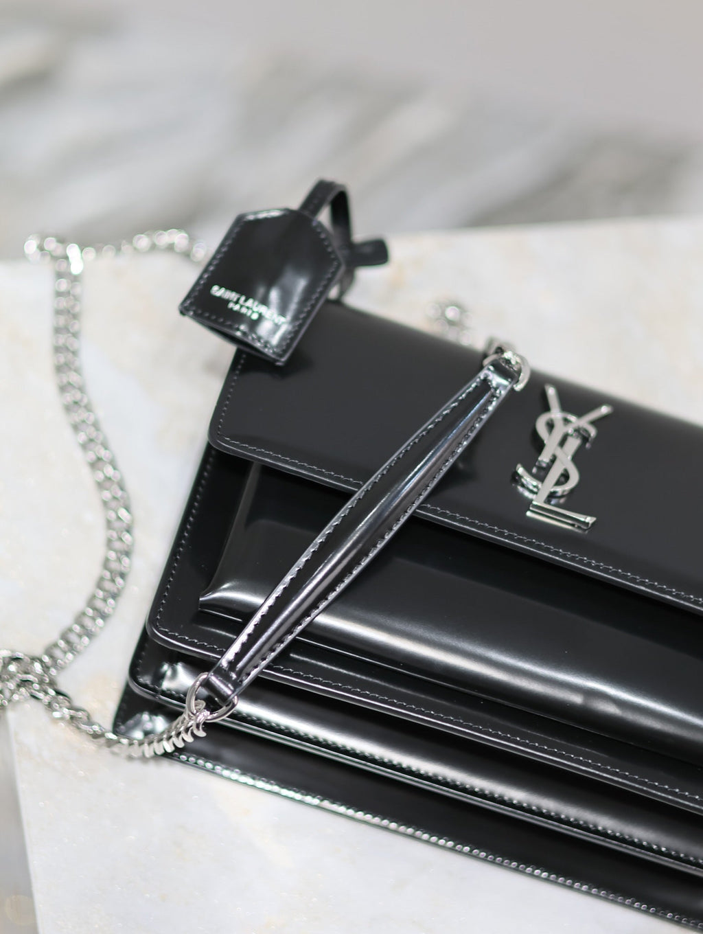 SAINT LAURENT YSL 25S SUNSET MEDIUM 22 IN BLACK SHINY CALFSKIN SILVER HARDWRE