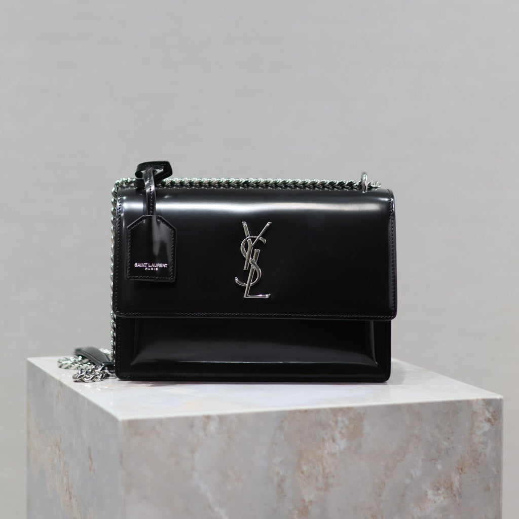 SAINT LAURENT YSL 25S SUNSET MEDIUM 22 IN BLACK SHINY CALFSKIN SILVER HARDWRE