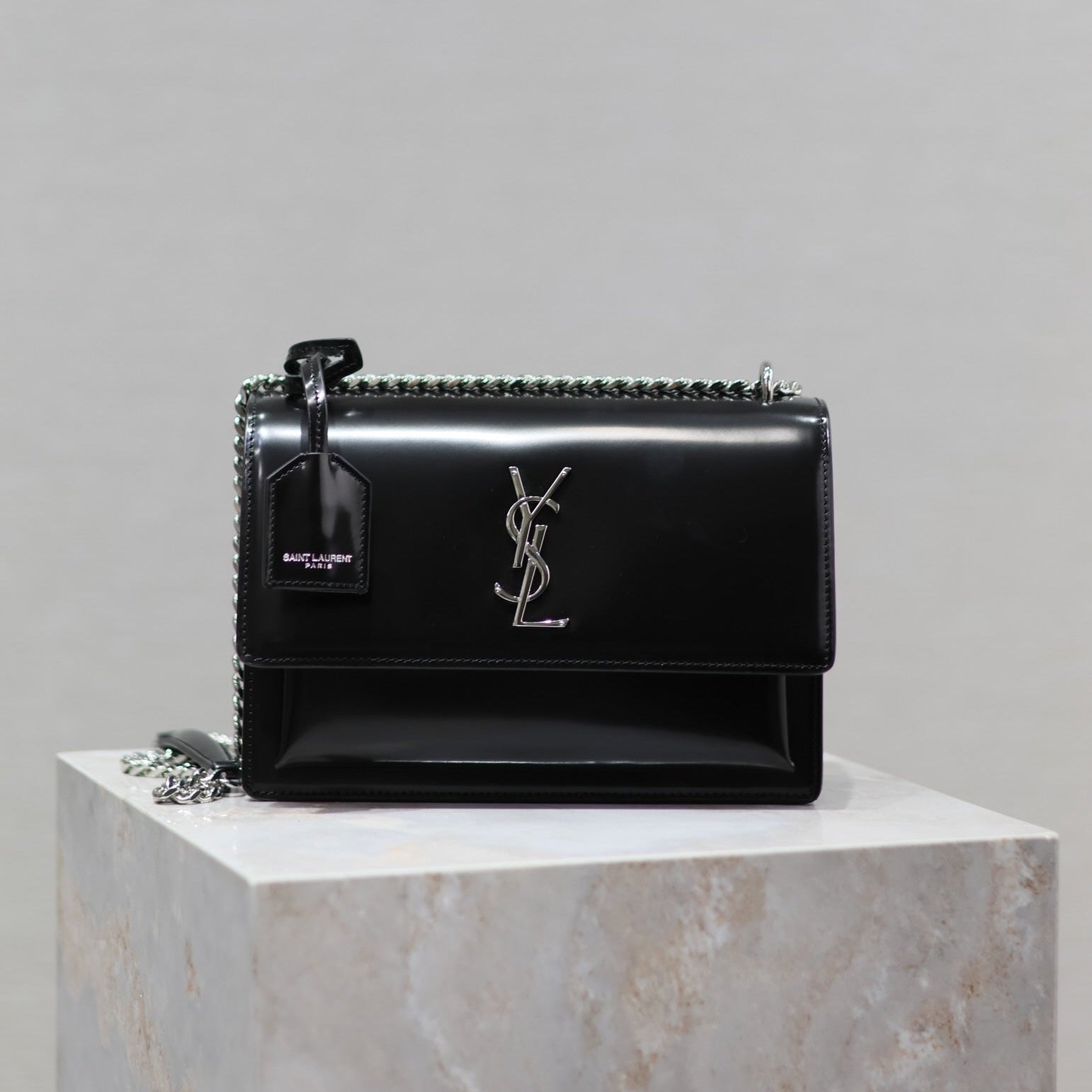 SAINT LAURENT YSL 25S SUNSET MEDIUM 22 IN BLACK SHINY CALFSKIN SILVER HARDWRE