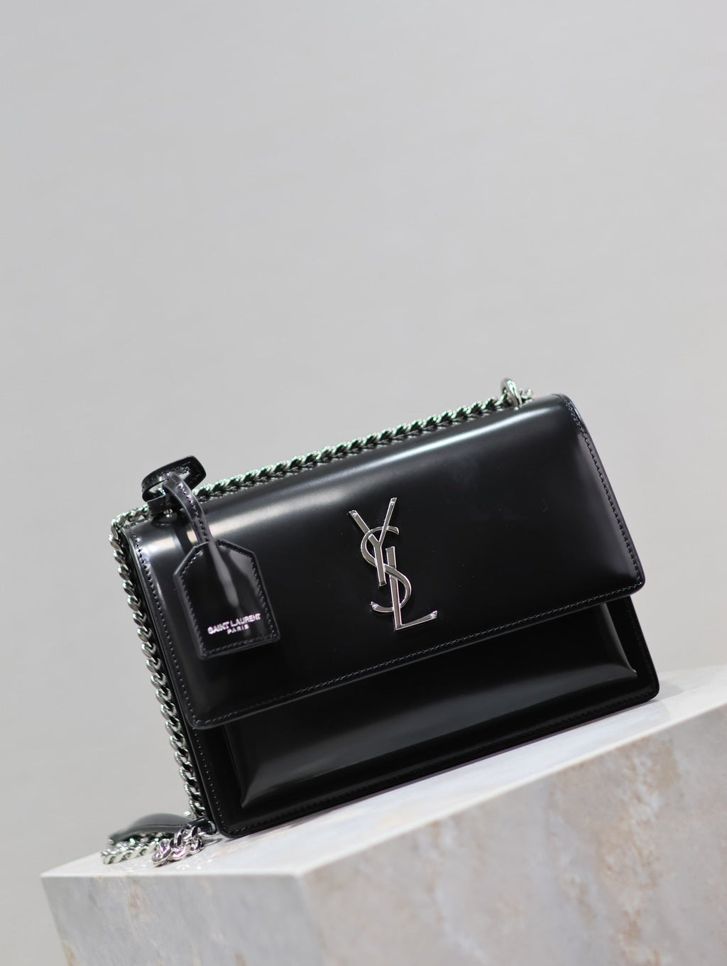 SAINT LAURENT YSL 25S SUNSET MEDIUM 22 IN BLACK SHINY CALFSKIN SILVER HARDWRE