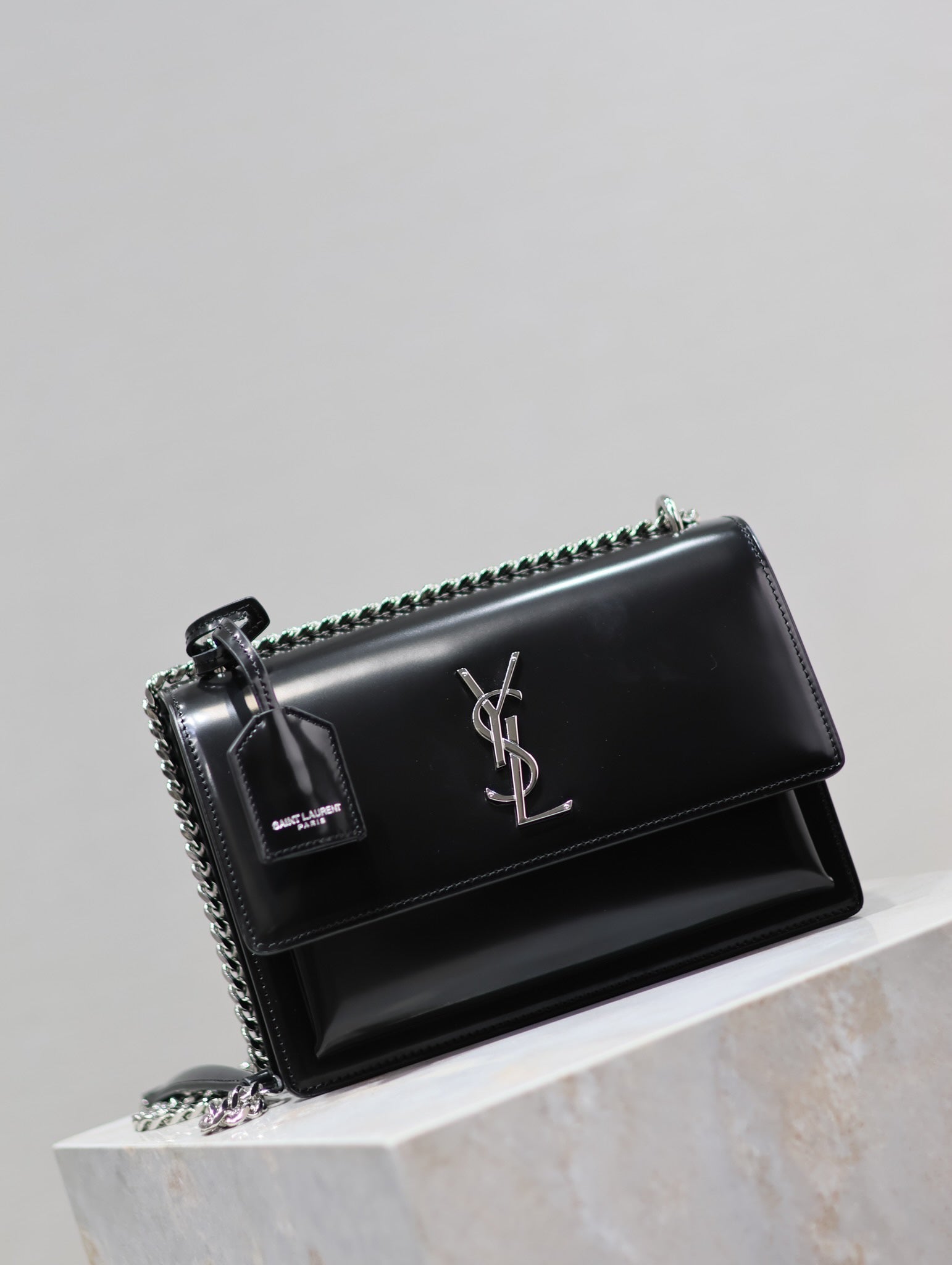 SAINT LAURENT YSL 25S SUNSET MEDIUM 22 IN BLACK SHINY CALFSKIN SILVER HARDWRE