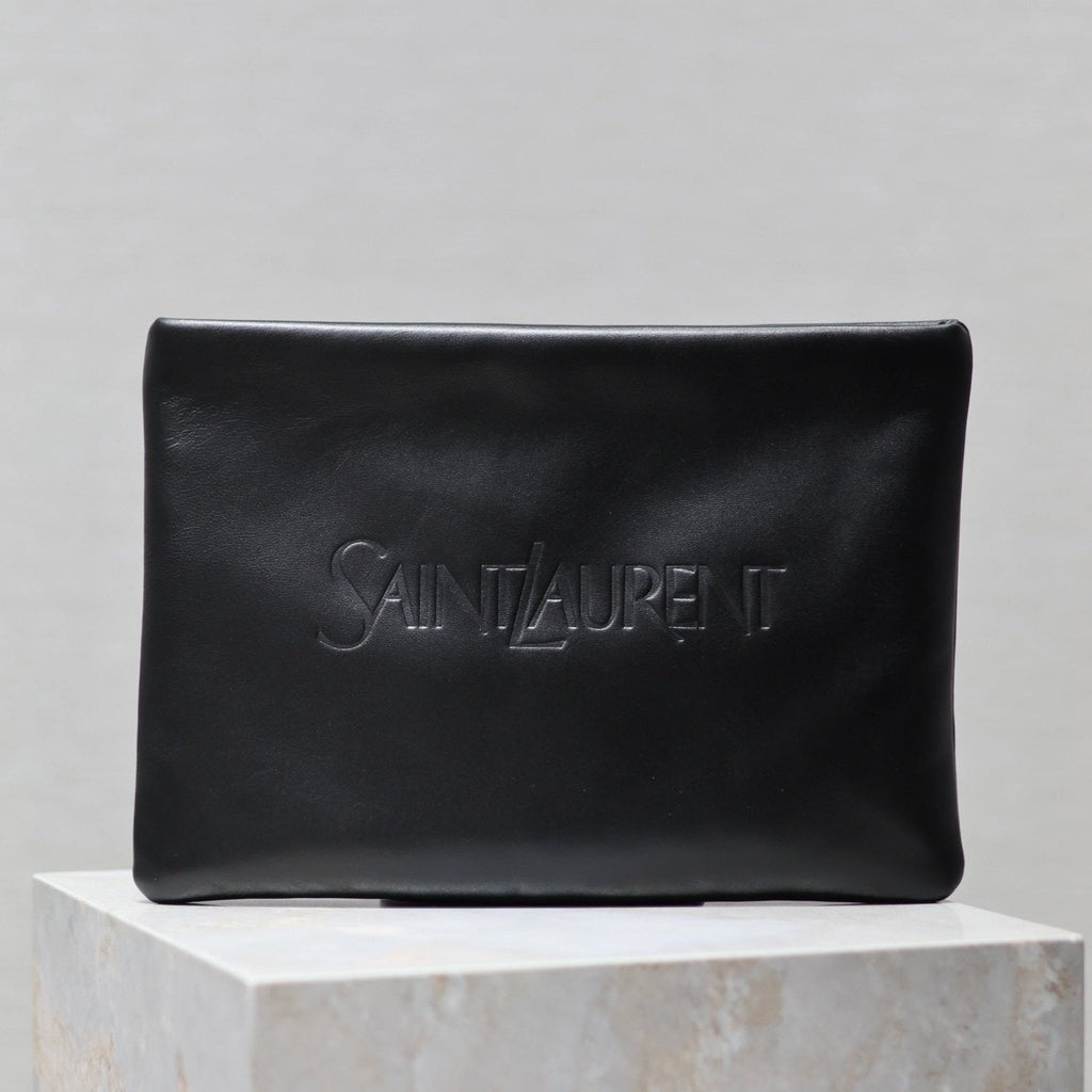 SAINT LAURENT POUCH 30 IN BLACK CALFSKIN WITH EMBOSSED LOGO