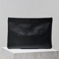 SAINT LAURENT POUCH 30 IN BLACK CALFSKIN WITH EMBOSSED LOGO