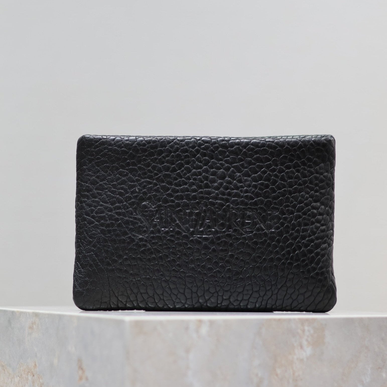 SAINT LAURENT POUCH WITH ELEPHANT TEXTURE 23 IN BLACK LAMBSKIN LOGO EMBOSSED