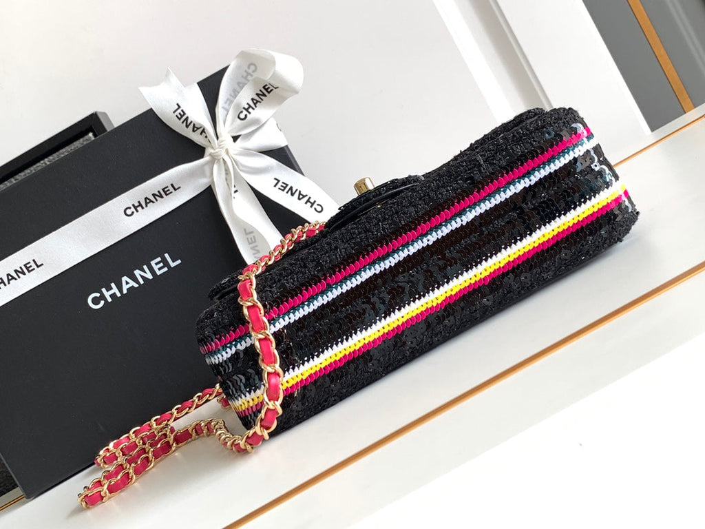 CHANEL MINI 20 CLASSIC HANDBAG IN BLACK EMBROIDERED TWEED SEQUINS