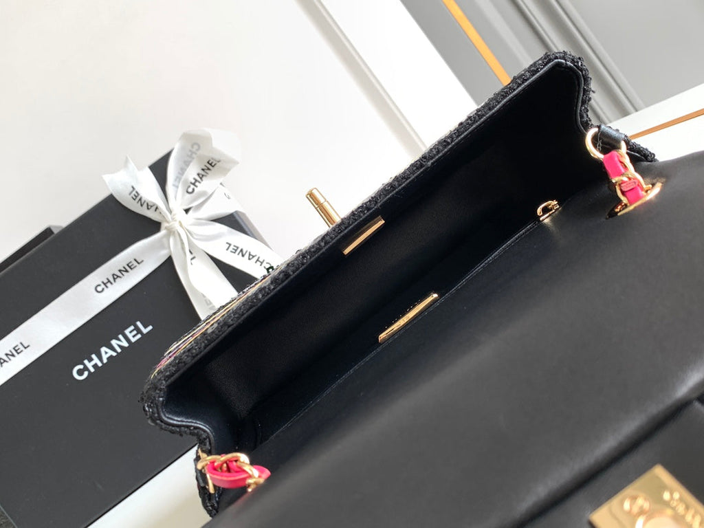 CHANEL MINI 20 CLASSIC HANDBAG IN BLACK EMBROIDERED TWEED SEQUINS
