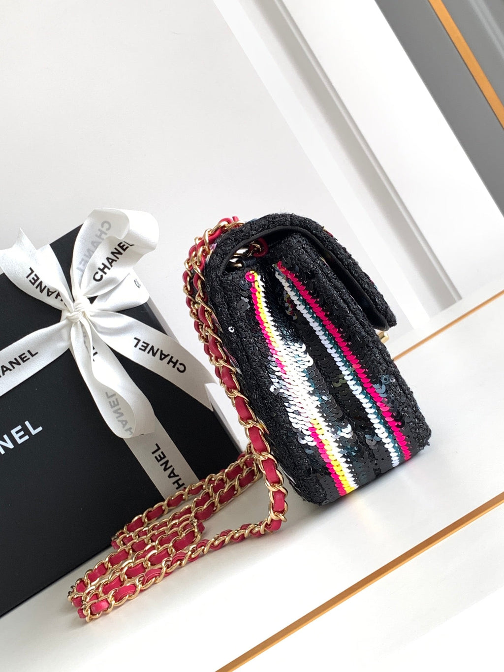 CHANEL MINI 20 CLASSIC HANDBAG IN BLACK EMBROIDERED TWEED SEQUINS
