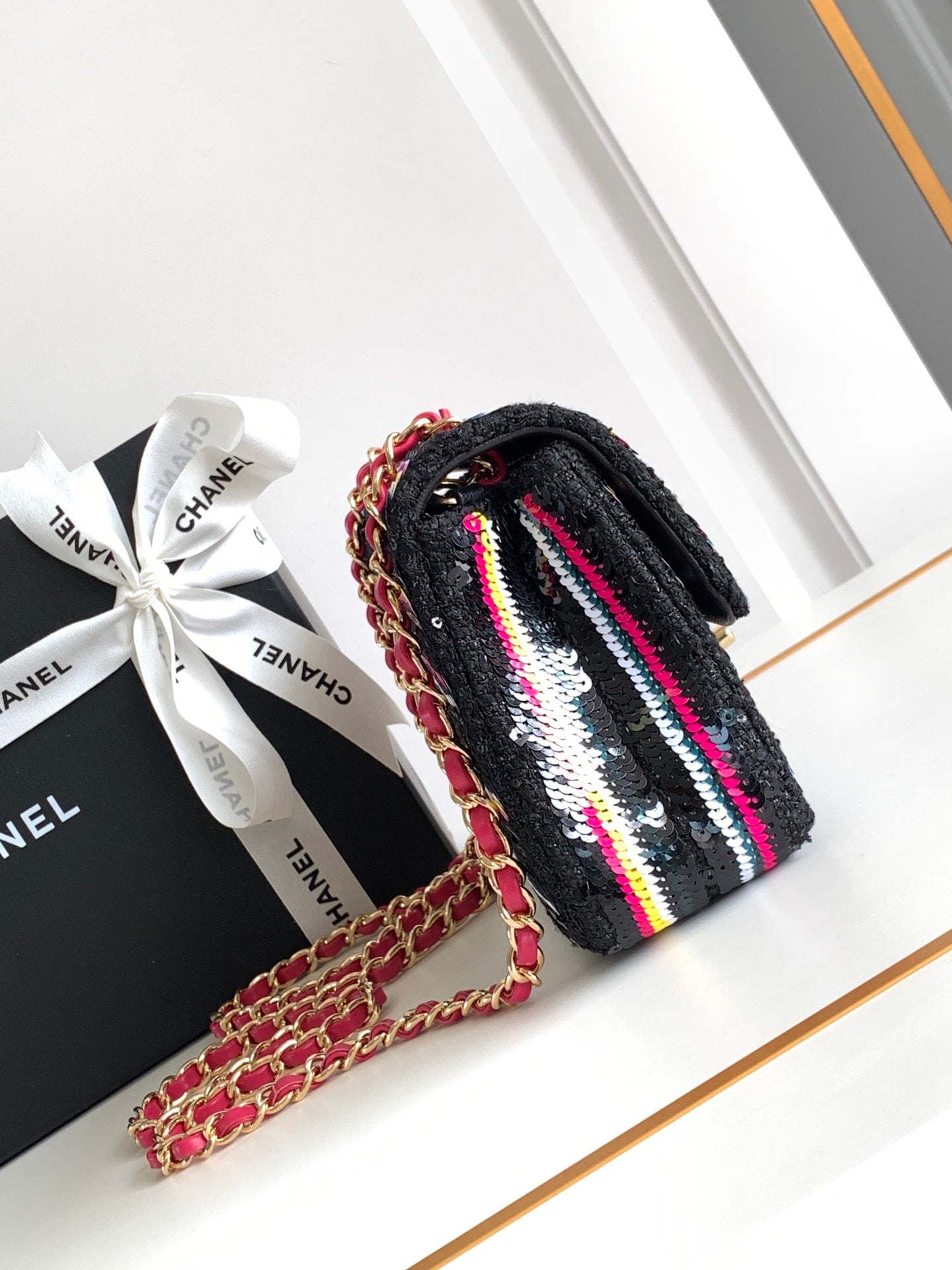 CHANEL MINI 20 CLASSIC HANDBAG IN BLACK EMBROIDERED TWEED SEQUINS