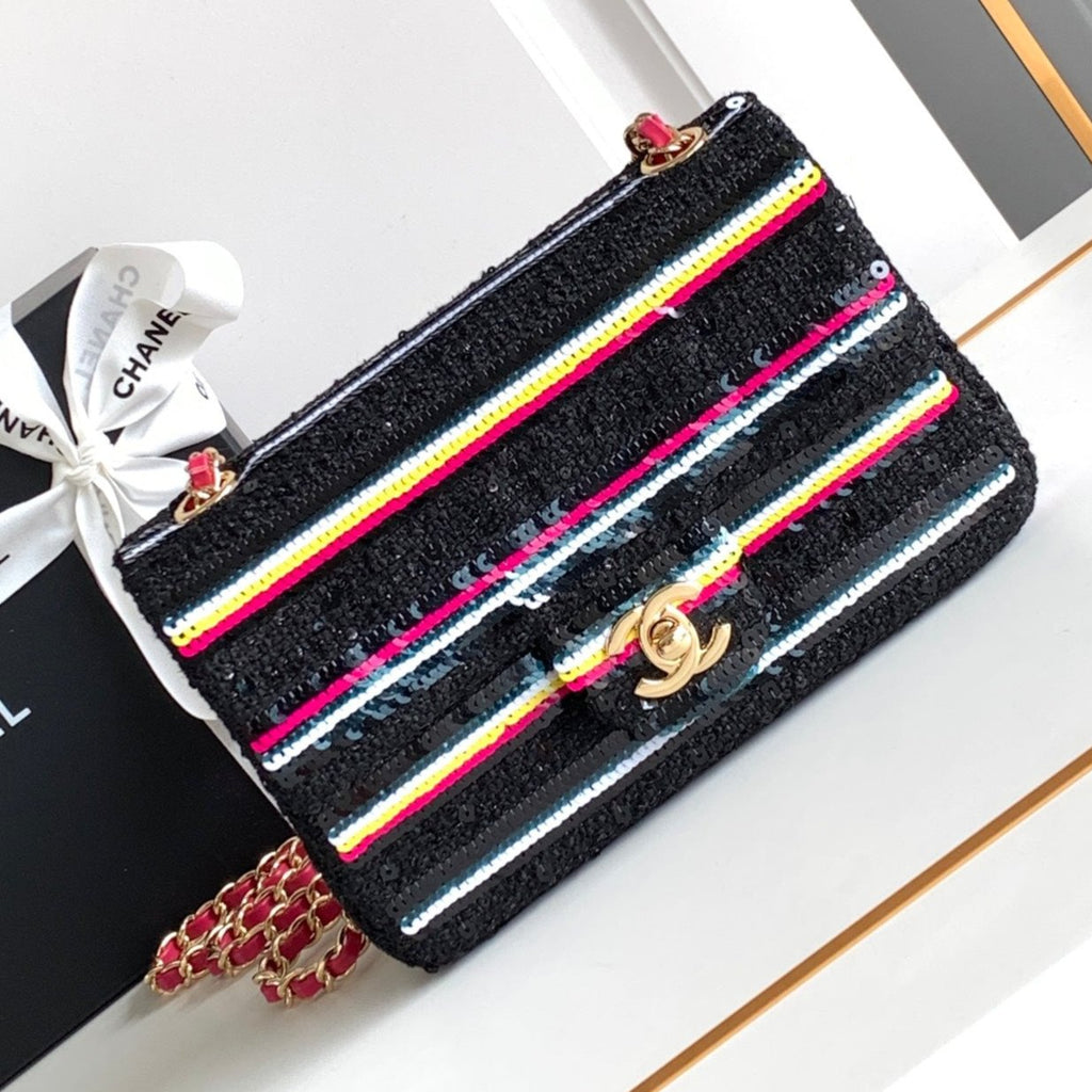 CHANEL MINI 20 CLASSIC HANDBAG IN BLACK EMBROIDERED TWEED SEQUINS