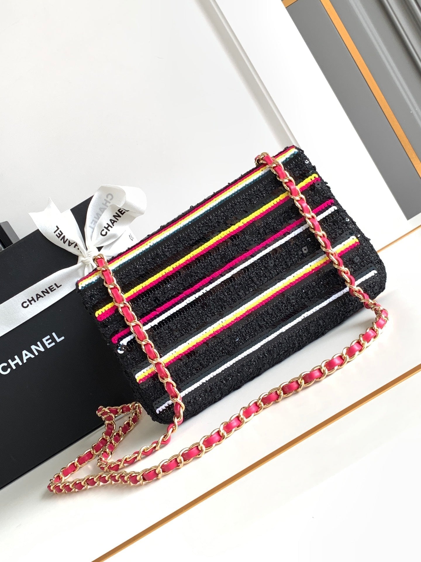 CHANEL MINI 20 CLASSIC HANDBAG IN BLACK EMBROIDERED TWEED SEQUINS