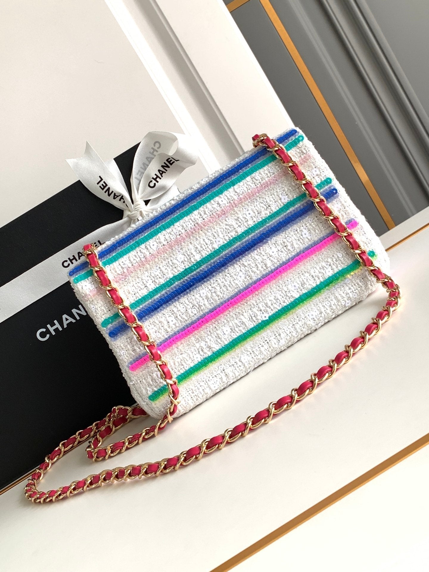 CHANEL MINI 20 CLASSIC HANDBAG IN WHITE EMBROIDERED TWEED SEQUINS