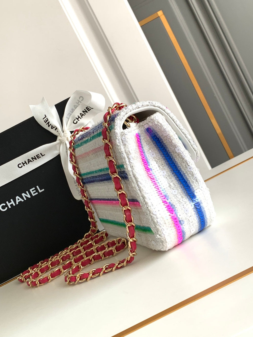 CHANEL MINI 20 CLASSIC HANDBAG IN WHITE EMBROIDERED TWEED SEQUINS