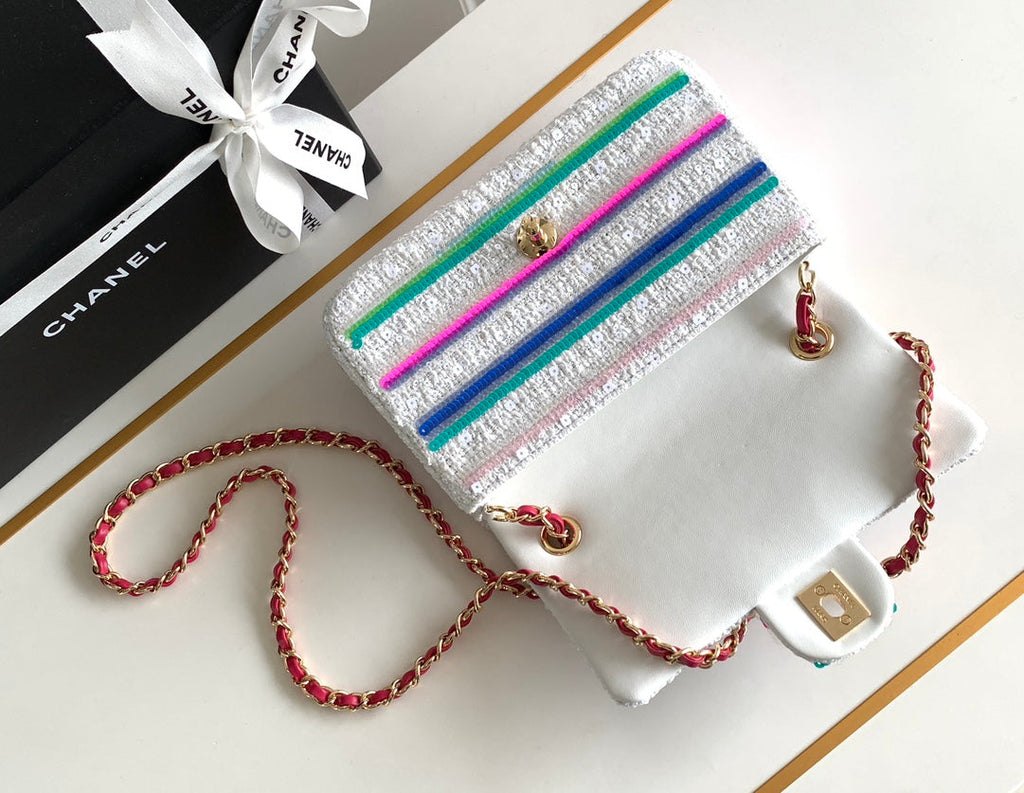 CHANEL MINI 20 CLASSIC HANDBAG IN WHITE EMBROIDERED TWEED SEQUINS