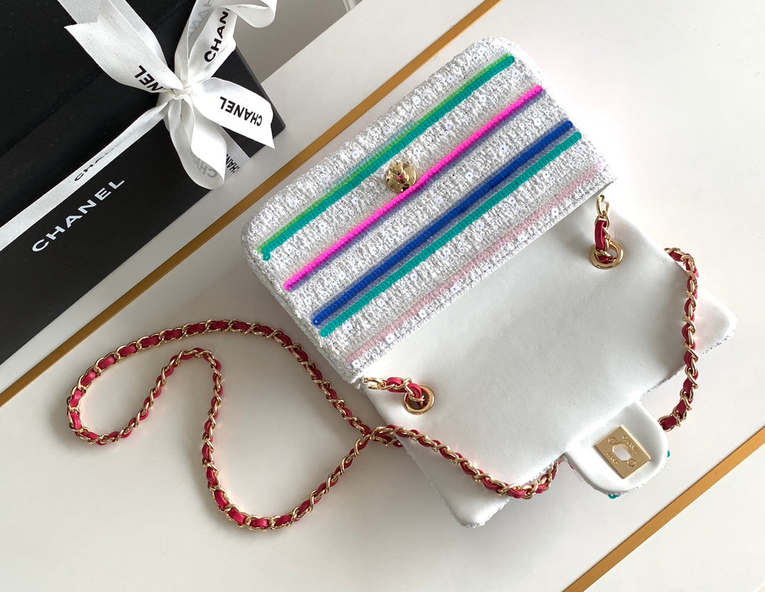 CHANEL MINI 20 CLASSIC HANDBAG IN WHITE EMBROIDERED TWEED SEQUINS