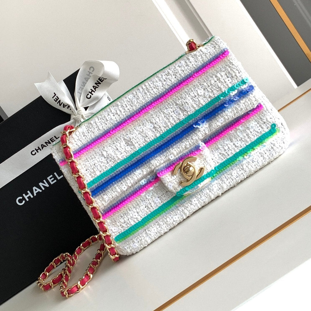 CHANEL MINI 20 CLASSIC HANDBAG IN WHITE EMBROIDERED TWEED SEQUINS