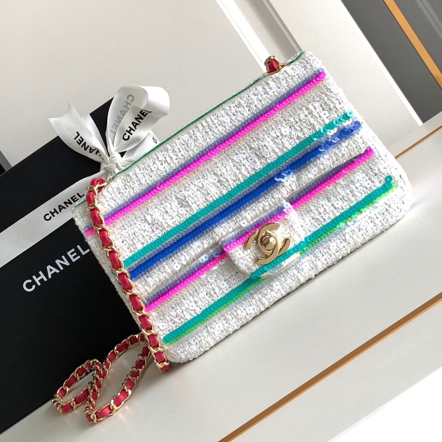 CHANEL MINI 20 CLASSIC HANDBAG IN WHITE EMBROIDERED TWEED SEQUINS