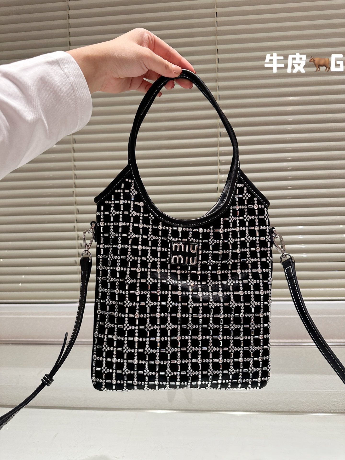 MIU MIU CRYSTAL TOTE 24 BAG IN BLACK CALFSKIN