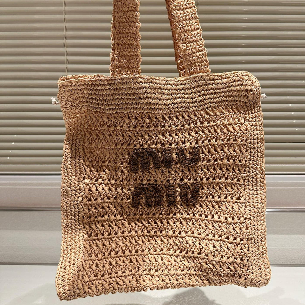 MIU MIU TOTE 38 BAG IN BEIGE BROWN STRAW WOVEN