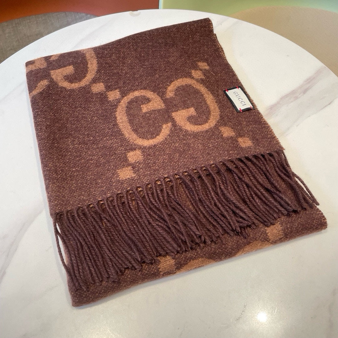 GUCCI JACQUARD PATTERN KNIT SCARF 195 CM WITH TASSELS CHESTNUT BROWN 403749