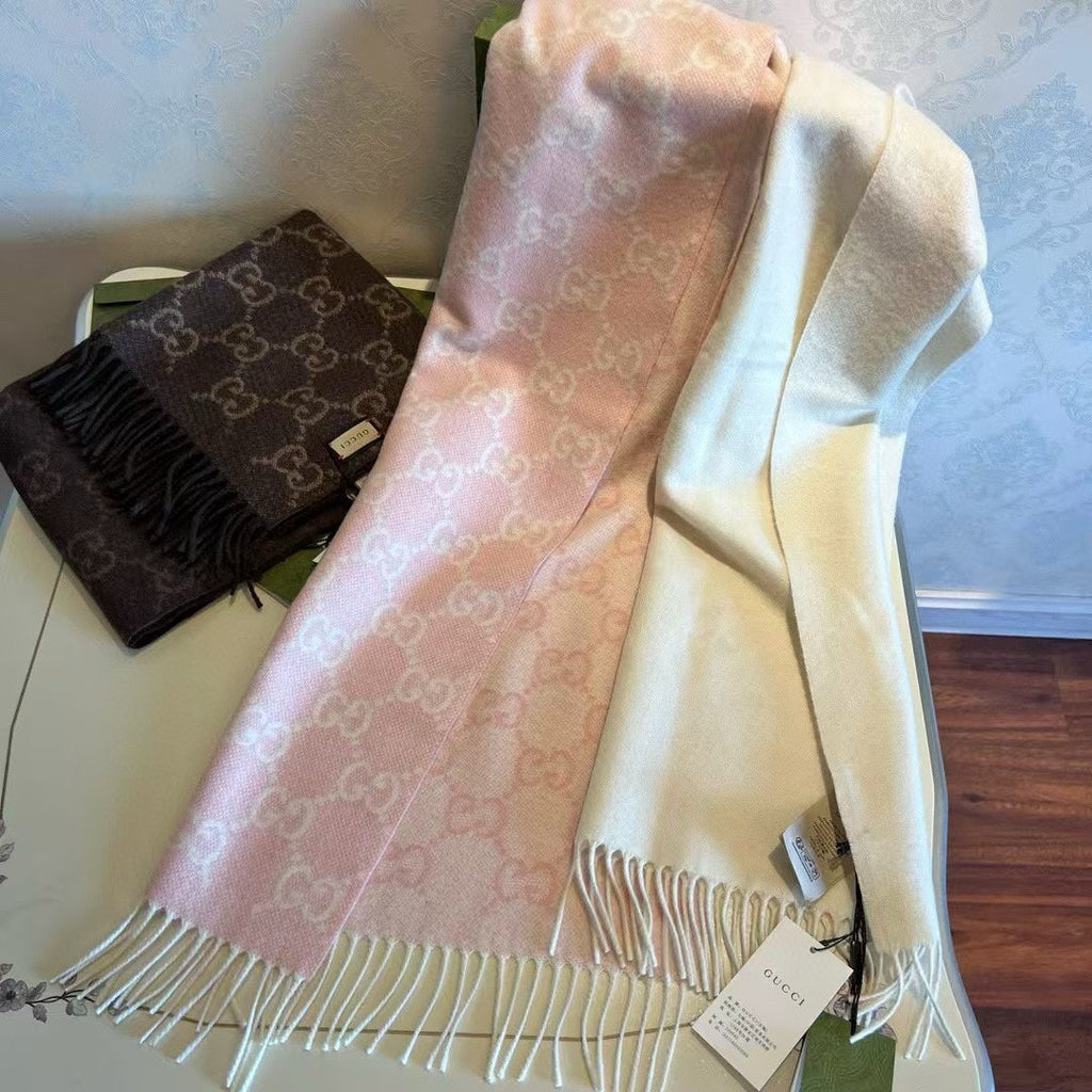 GUCCI SCARF 200 CM LIGHT PINK AND IVORY CASHMERE JACQUARD 405134