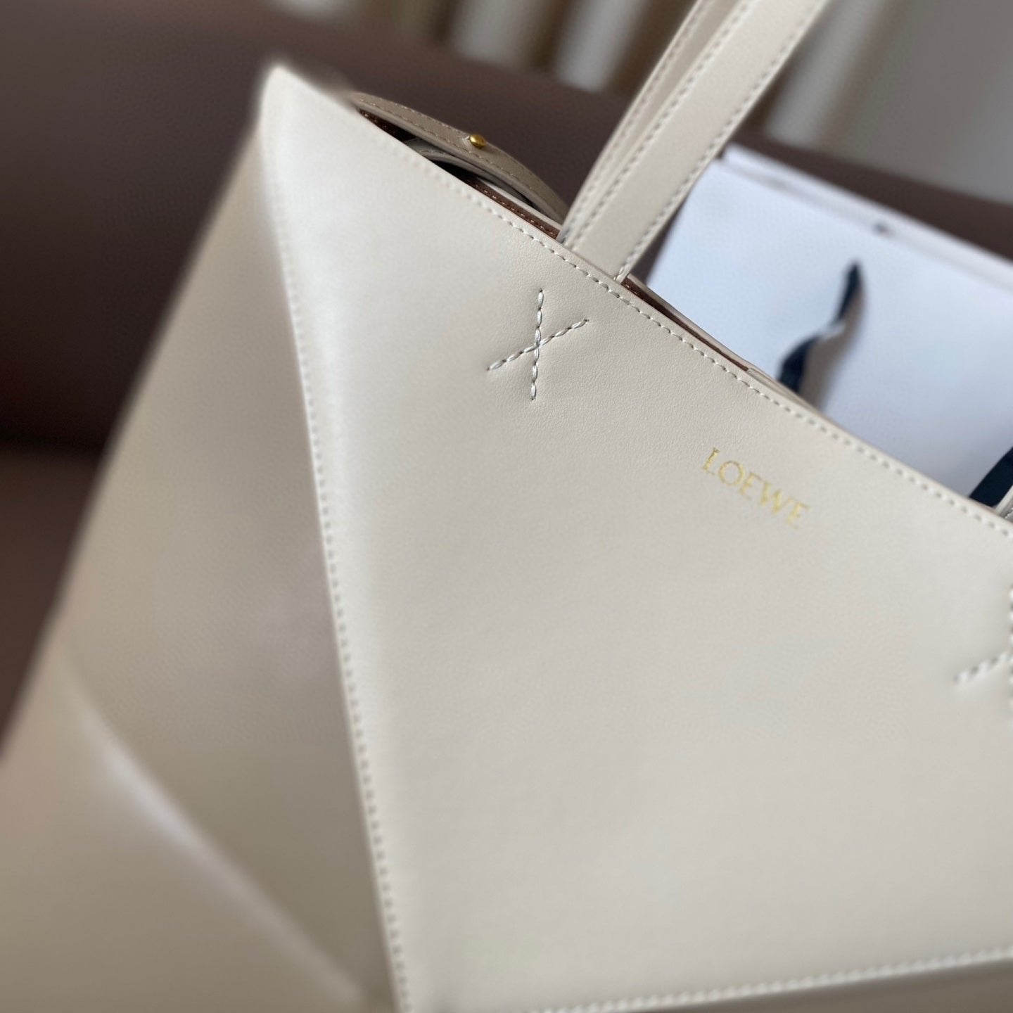 LOEWE LOE 32 MEDIUM PUZZLE FOLD TOTE IN WHITE MIX PASTEL GREY SHINY CALFSKIN