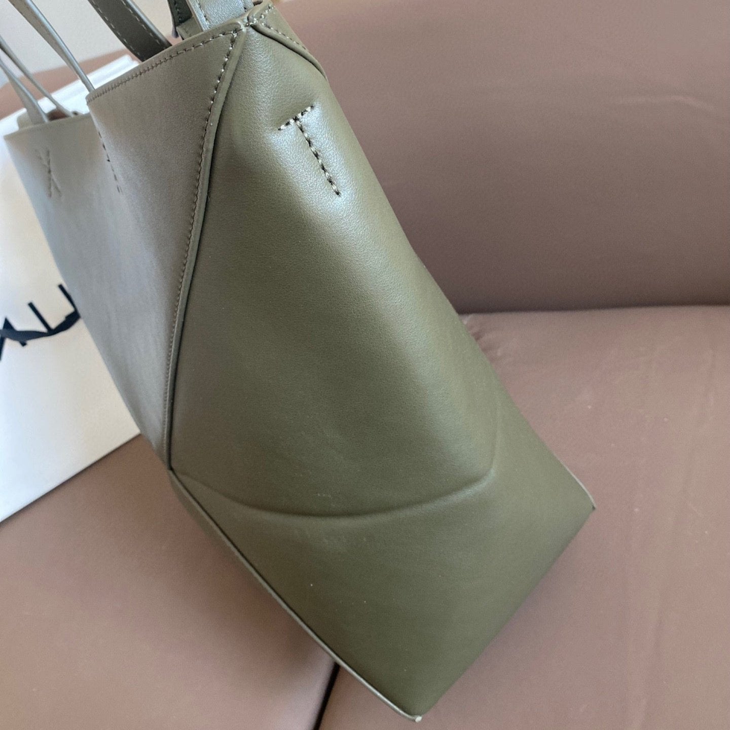LOEWE LOE 32 MEDIUM PUZZLE FOLD TOTE IN DARK KHAKI GREEN SHINY CALFSKIN