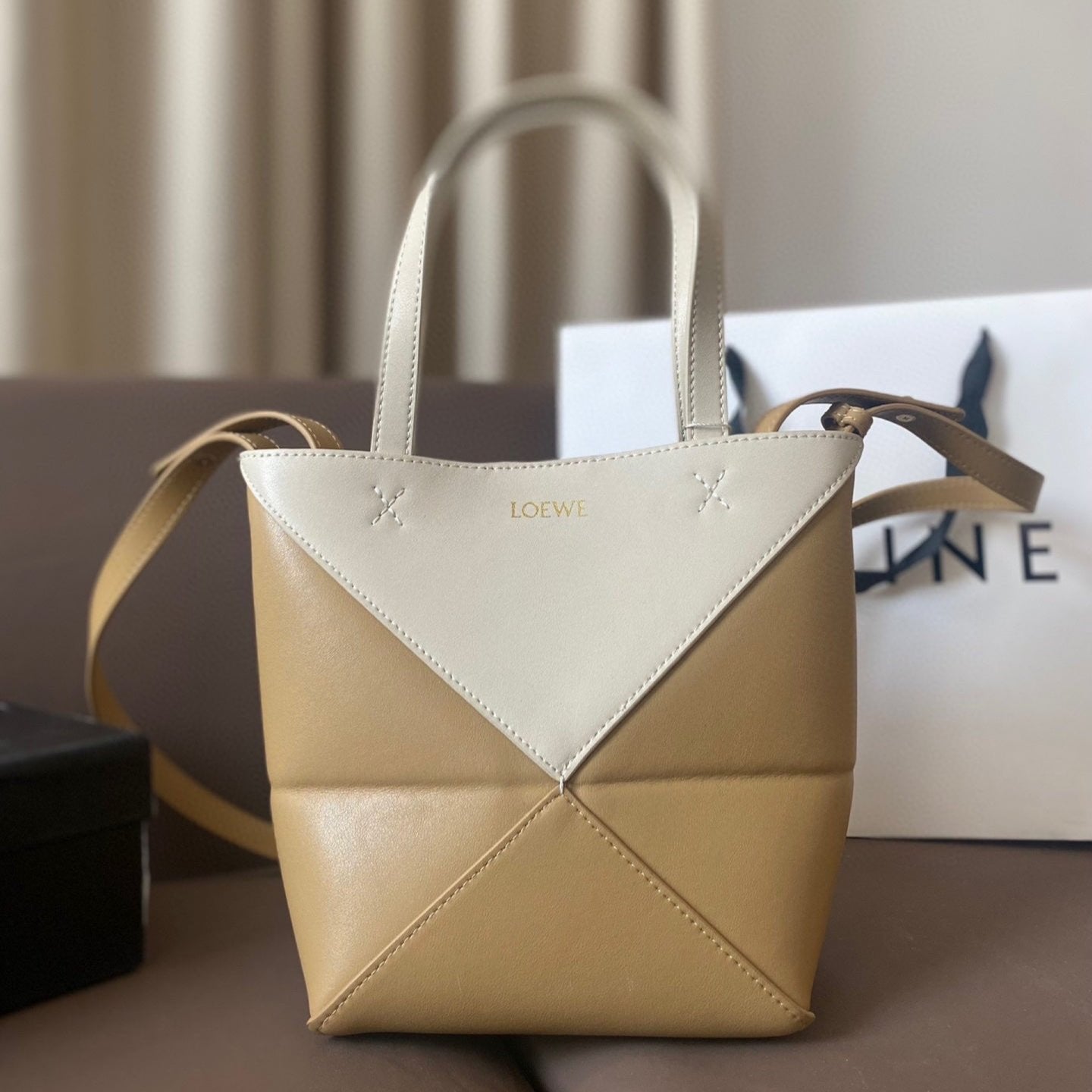 LOEWE LOE 21 PUZZLE FOLD TOTE IN WHITE MIX NAPLES YELLOW SHINY CALFSKIN