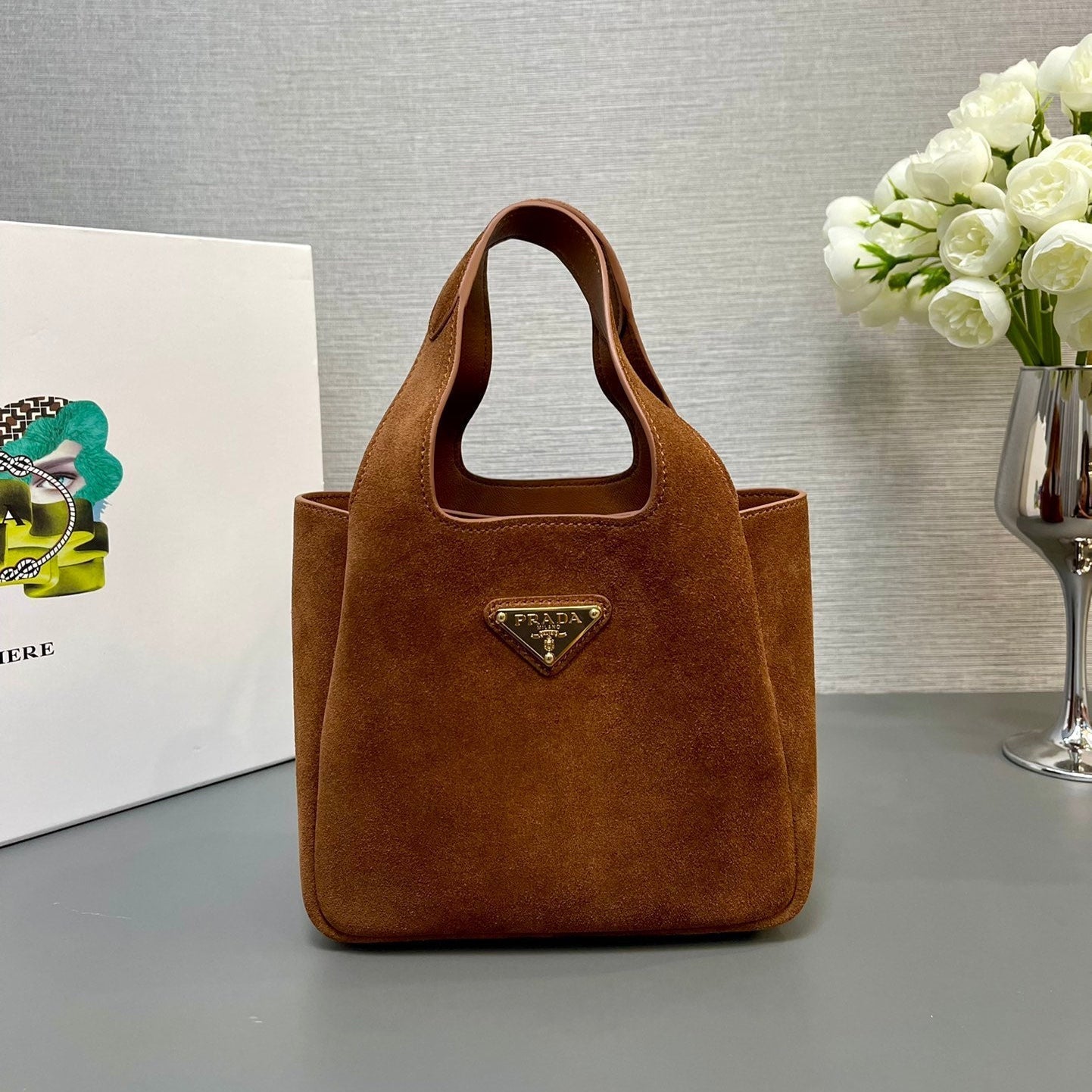PRADA MINI TOTE BAG 18 IN RED BROWN SUEDE GOLD LOGO