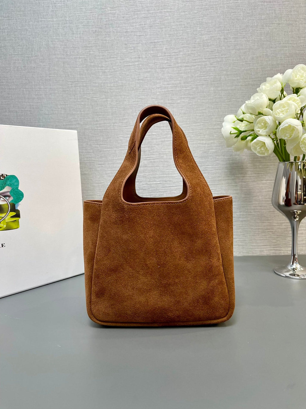 PRADA MINI TOTE BAG 18 IN RED BROWN SUEDE GOLD LOGO