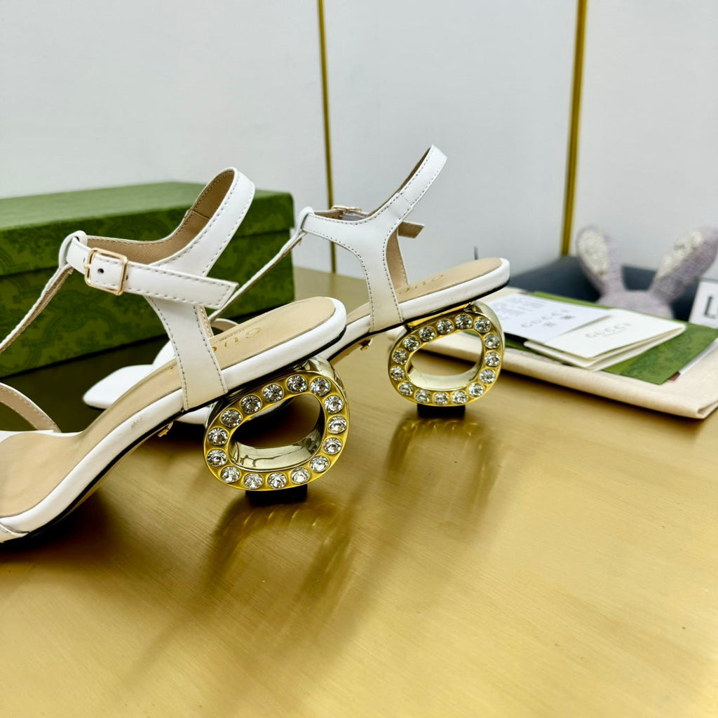 GUCCI MEDIUM-HEEL SANDAL IN WHITE CALFSKIN GOLD HARDWARE WITH RHINSTONES