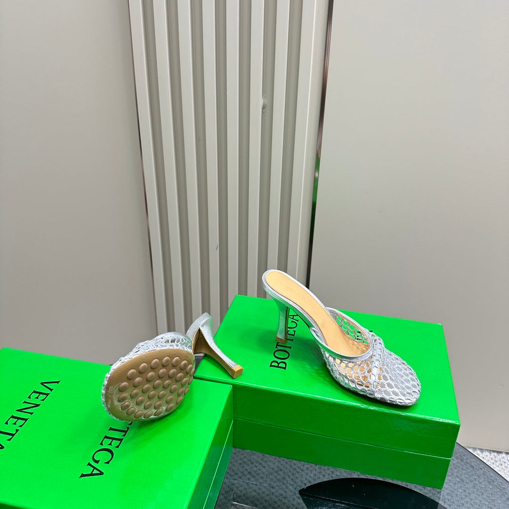 BOTTEGA VENETA HIGH MULE 9 CM IN SILVER METALLIZE MESH AND LEATHER